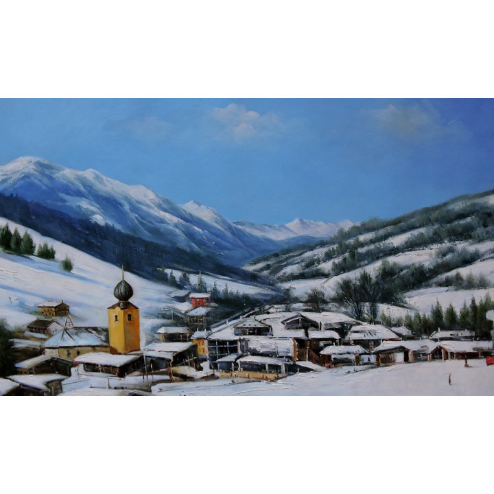 Ölbild Saalbach Hinterglemm Winterlandschaft Ölgemälde HANDGEMALT 50x110cm